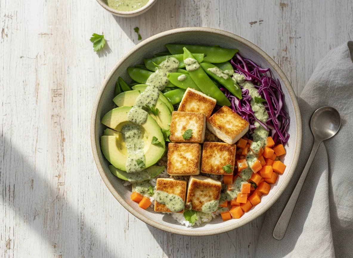 Vegane Bowl mit Tofu und Gemüse photo