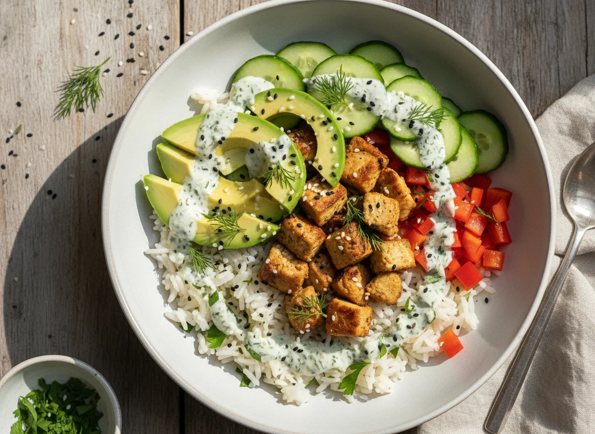 Vegane Chicken Avocado Reis Bowl photo