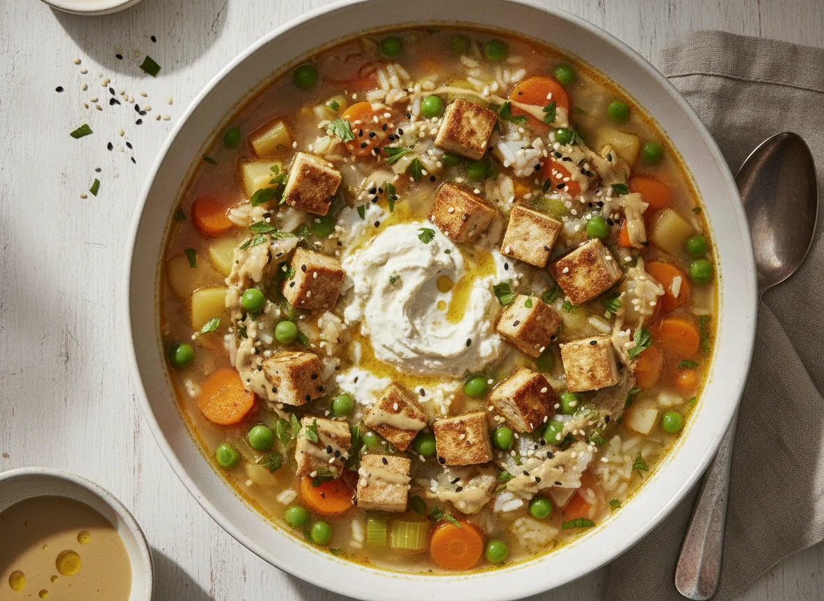 Vegane Gemüsesuppe mit Reis und Tofu photo