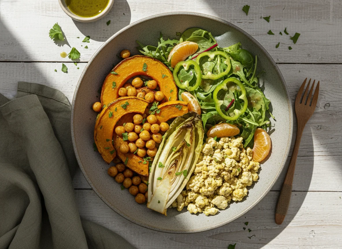 Vegane Ofengemüse-Bowl mit Tofu und Salat photo