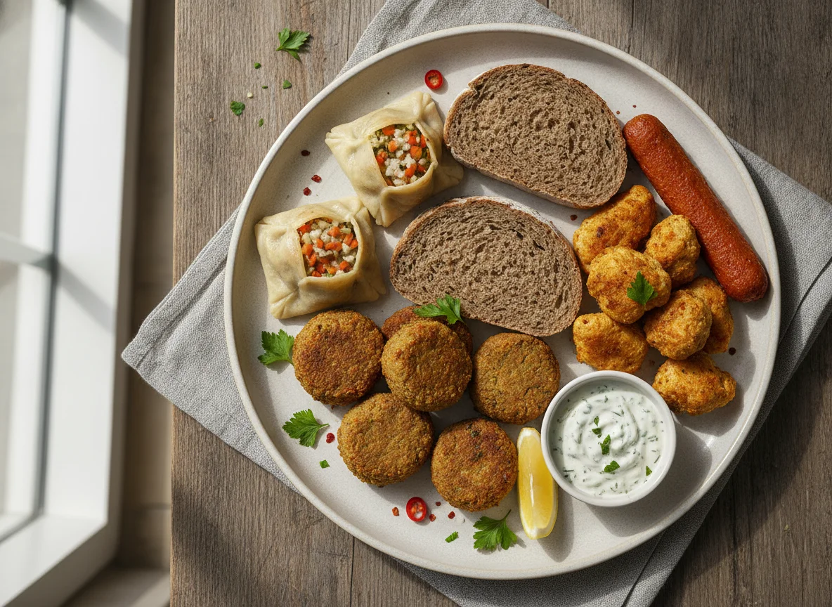 Vegane Platte mit Falafel, Chunks, Stick und Brot photo