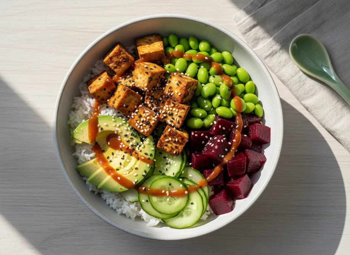 Vegane Poke Bowl mit Tofu und Avocado photo