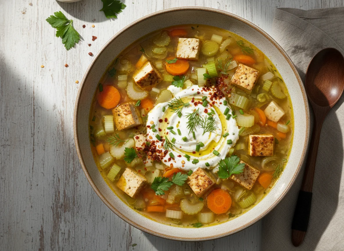 Vegane Suppe mit Tofu und Gemüse photo