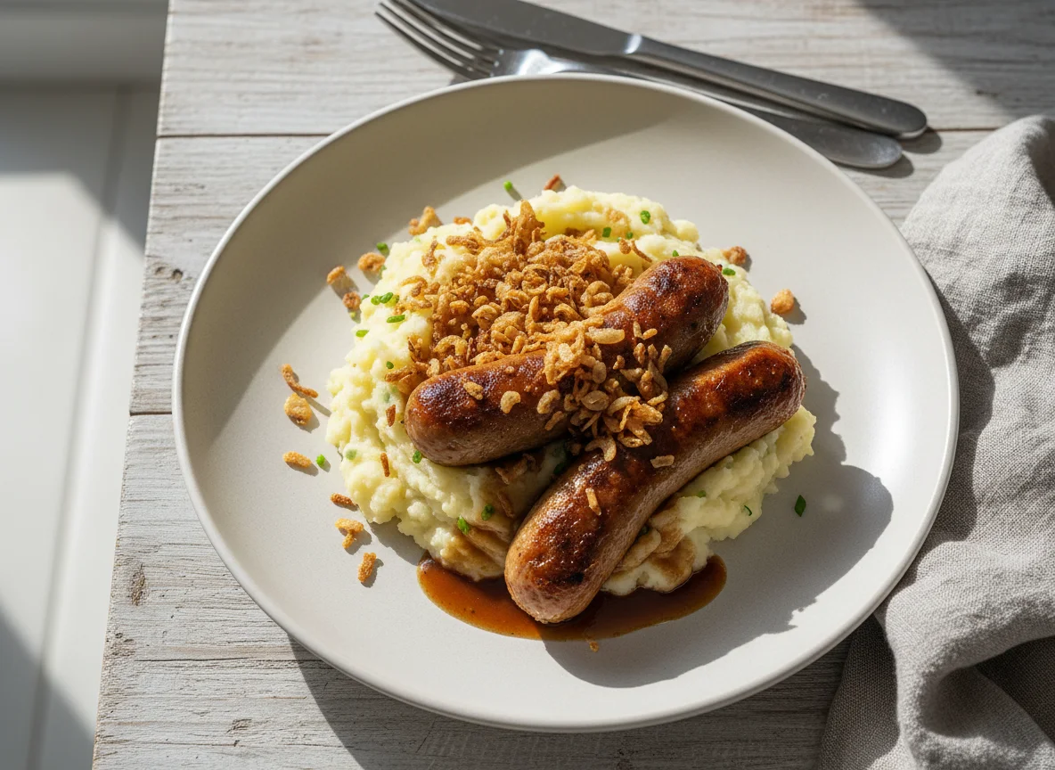 Vegane Würstchen mit Kartoffelpüree und Röstzwiebeln photo