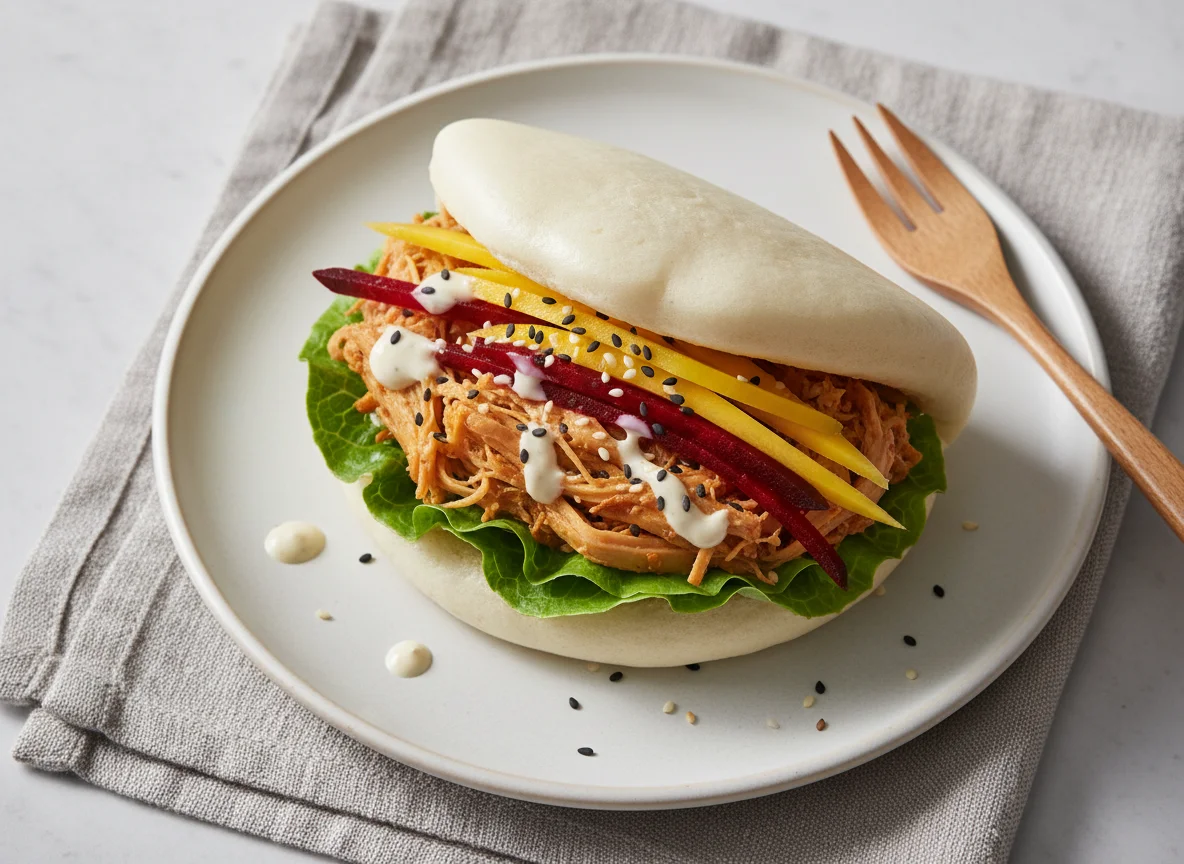 Veganer Bao Bun mit Mango und Rote Bete photo
