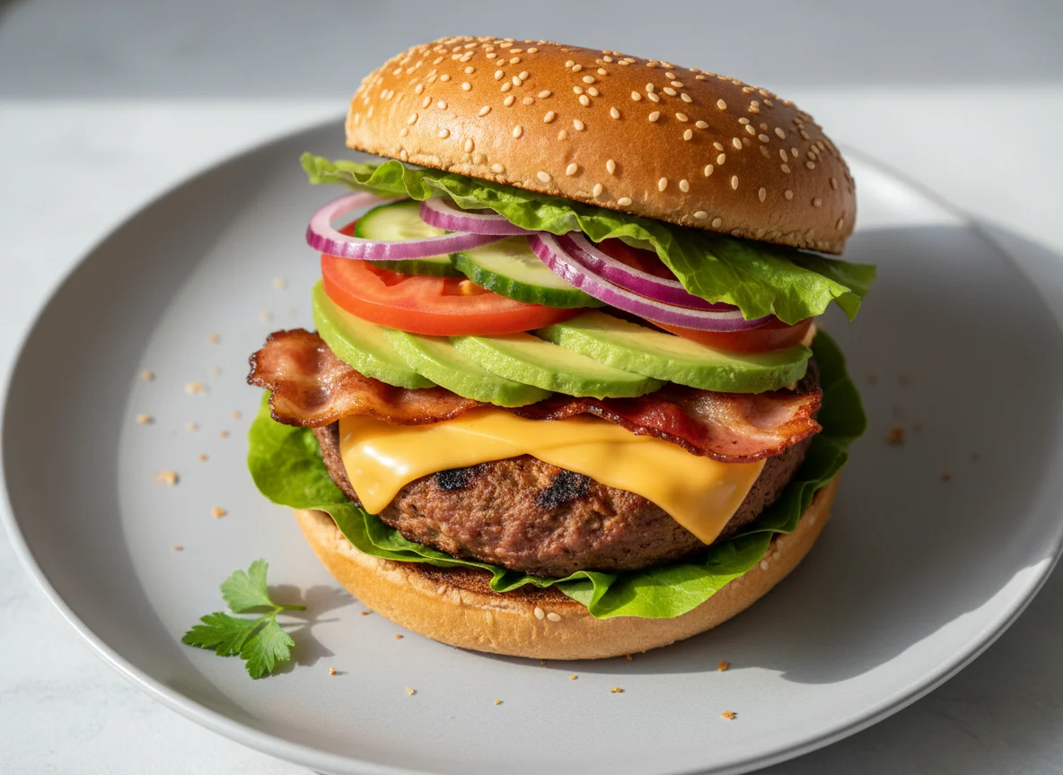 Veganer Burger mit Avocado und Bacon photo