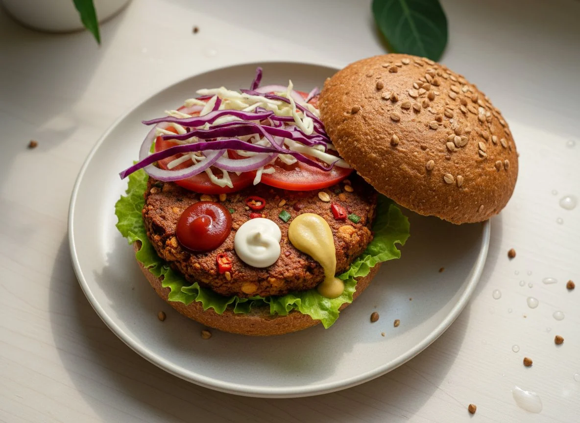 Veganer Burger mit Buchweizenbrötchen photo