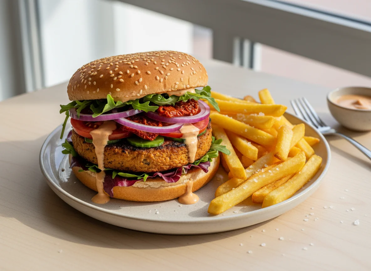 Veganer Burger mit Pommes Frites photo