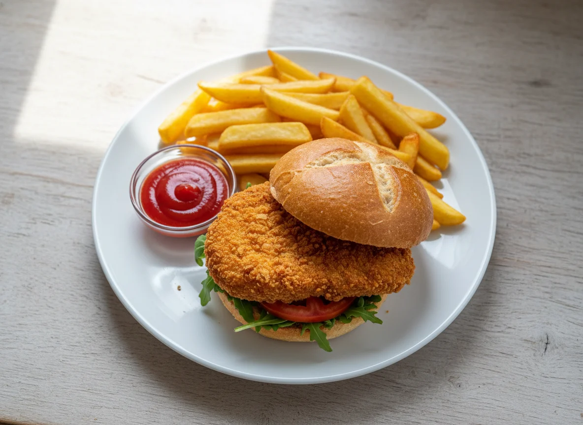 Veganer Crispy Chicken Burger mit Pommes photo