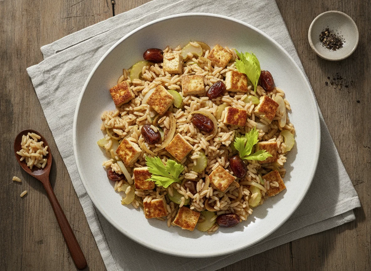 Veganer Reis mit Räuchertofu und Gemüse photo