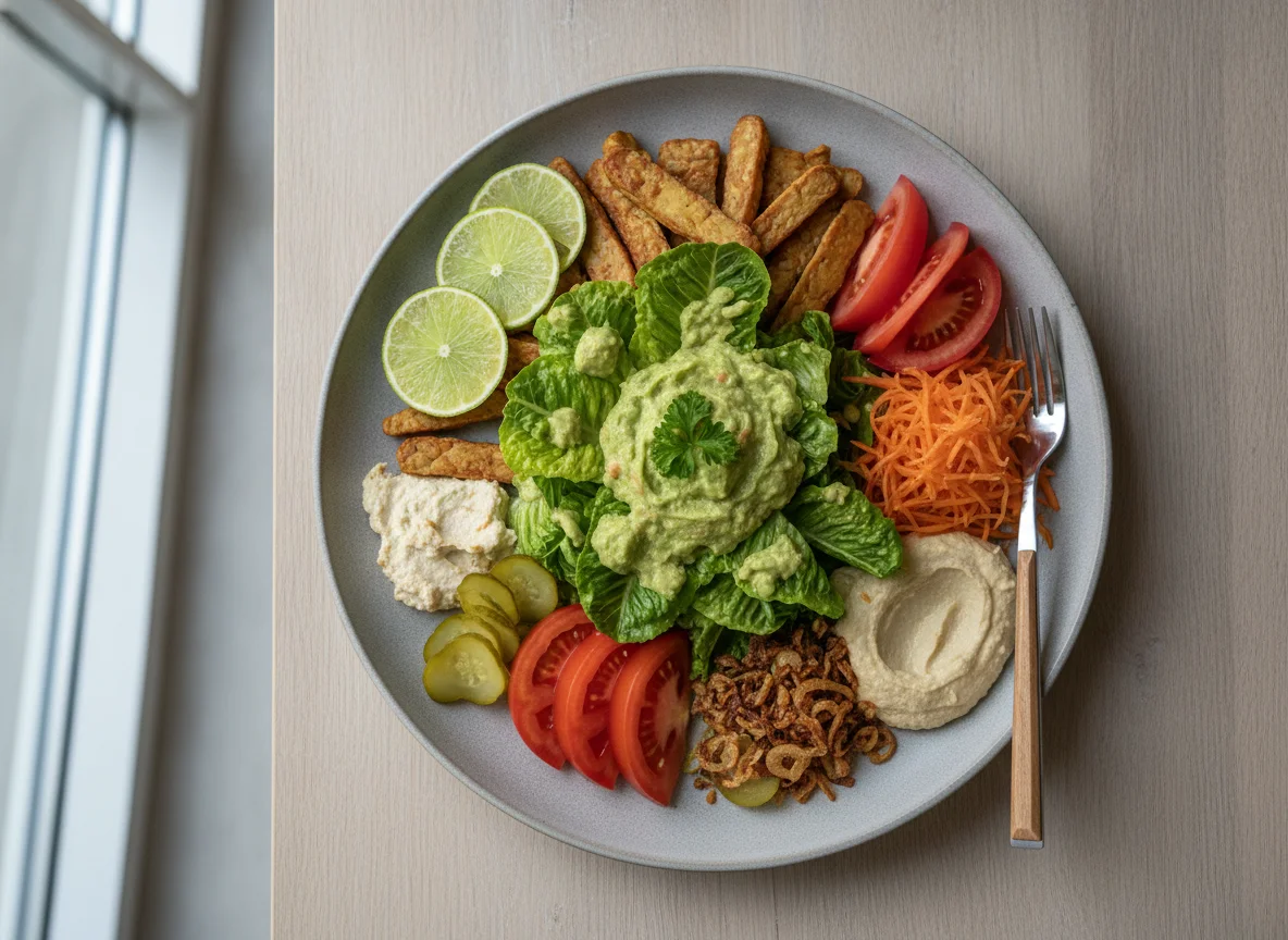 Veganer Salat-Teller mit Tempeh und Guacamole photo