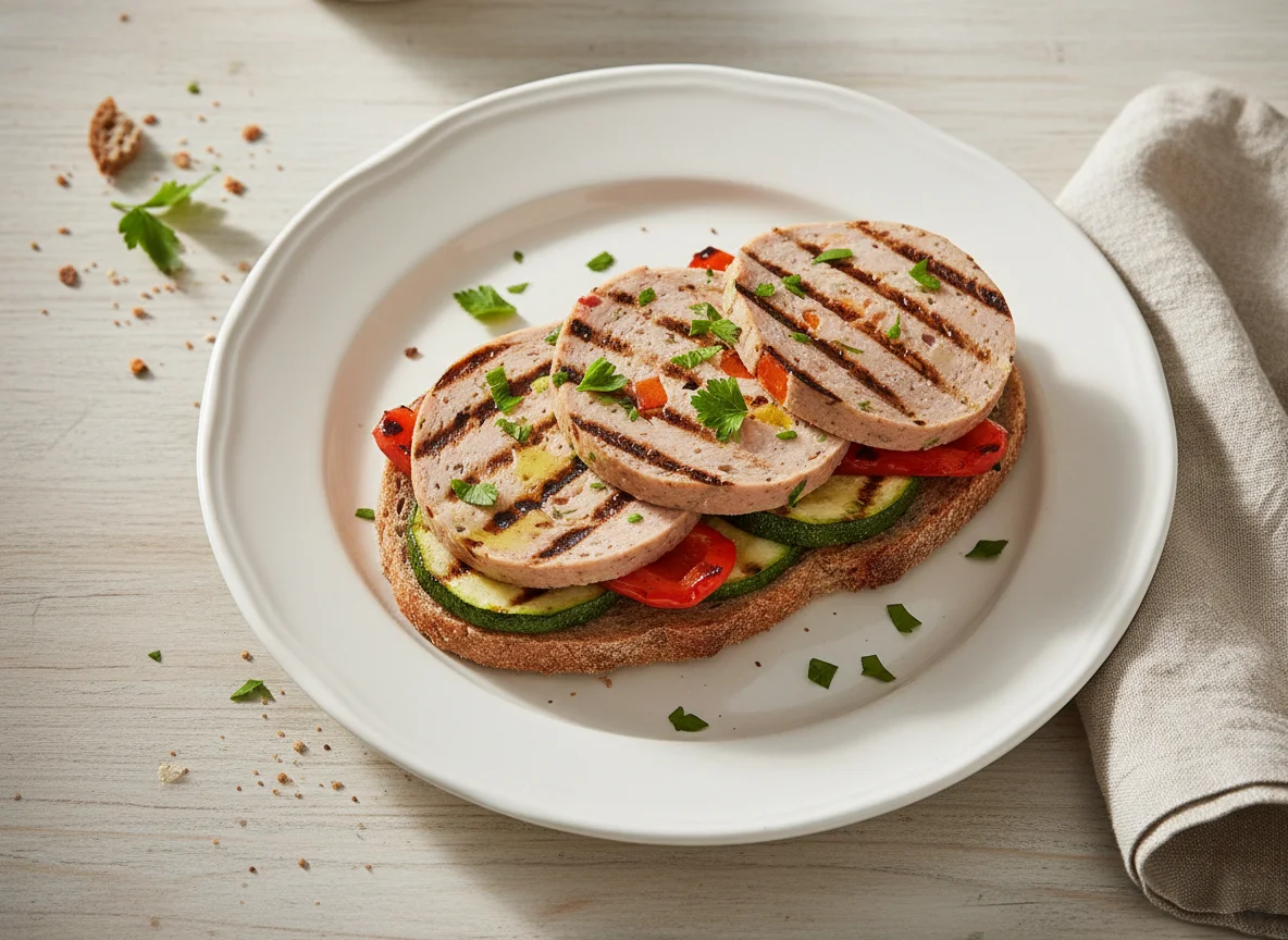 Veganer Schinken Spicker mit Grillgemüse auf Brot photo