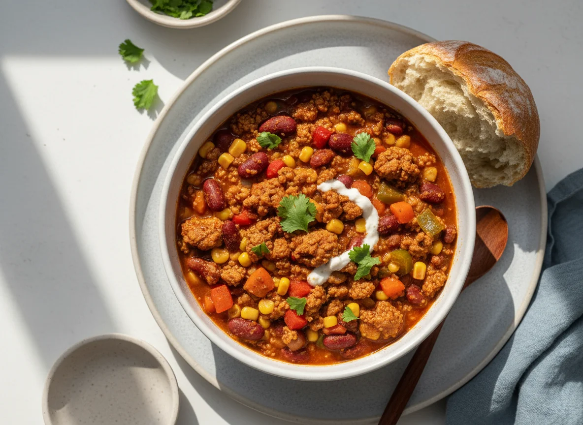 Veganes Chili mit Brötchen photo