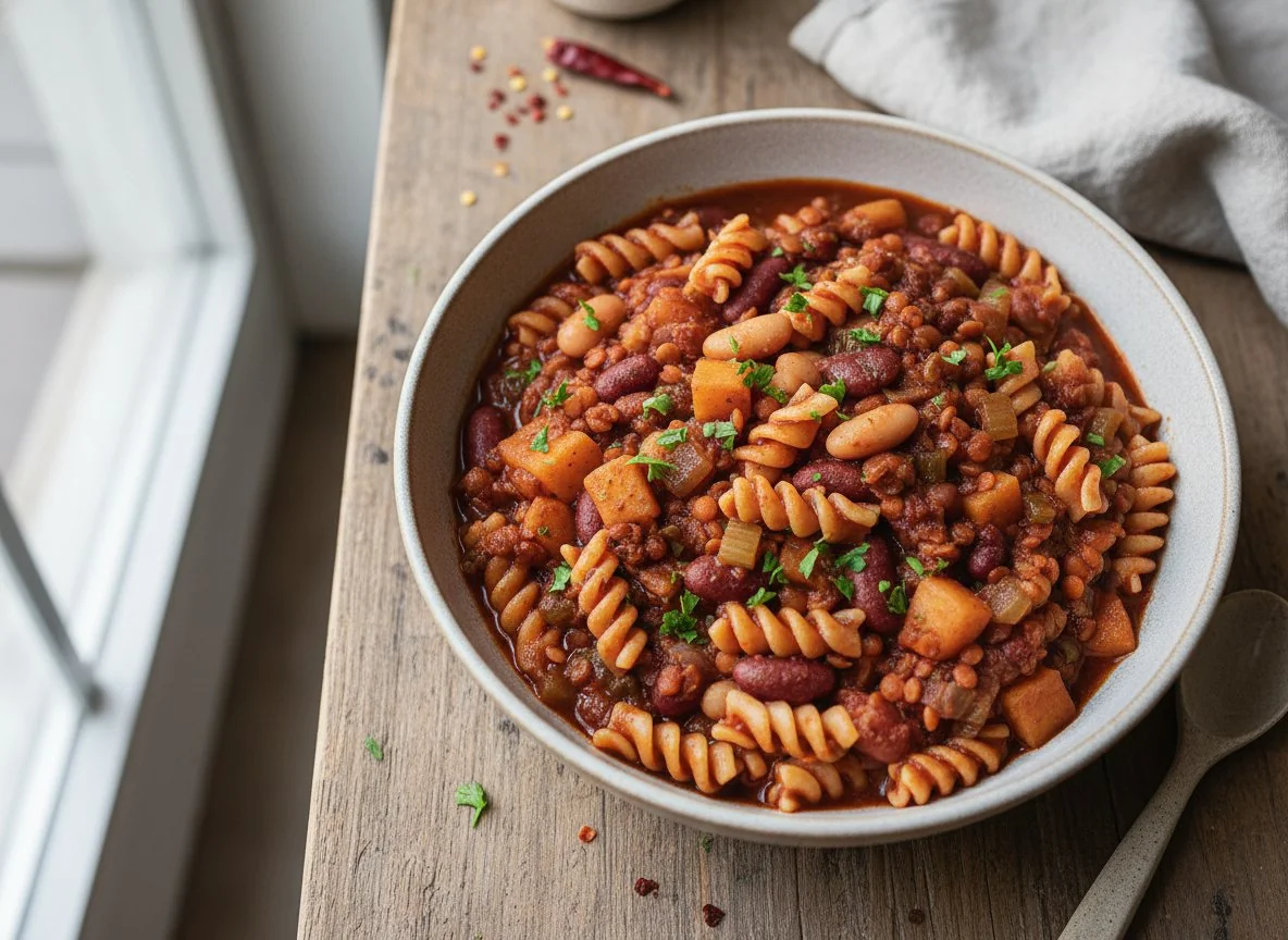 Veganes Chili mit Nudeln photo