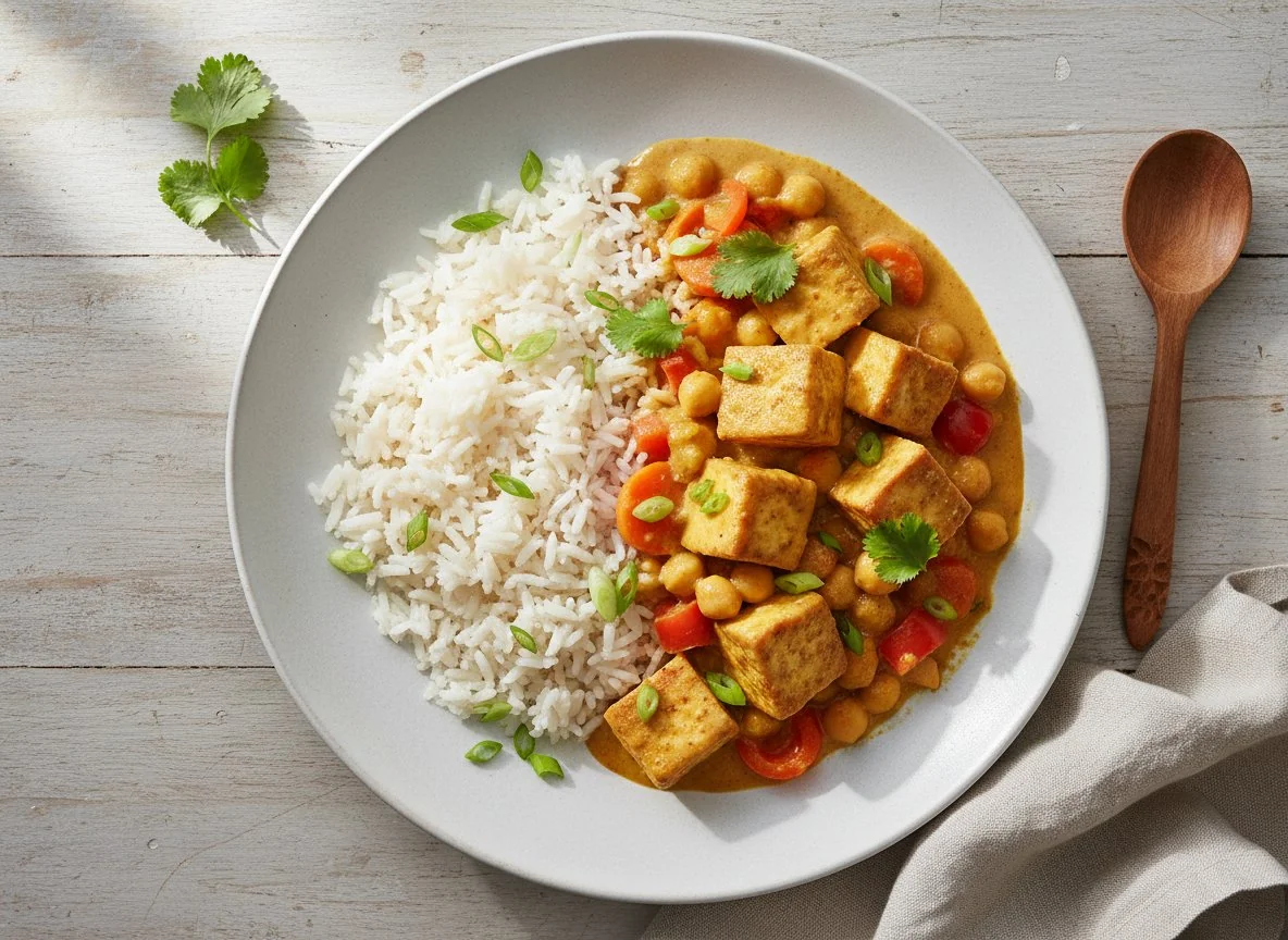 Veganes Curry mit Reis und Tofu photo
