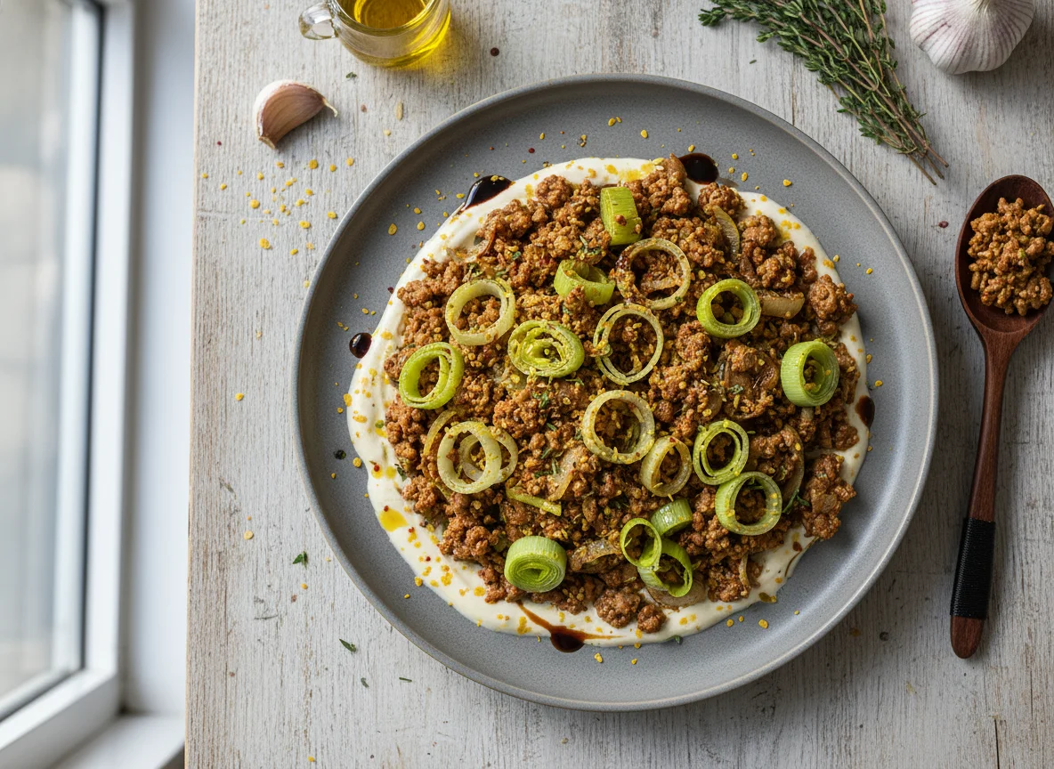 Veganes Hackgericht mit Lauch und Sahne photo