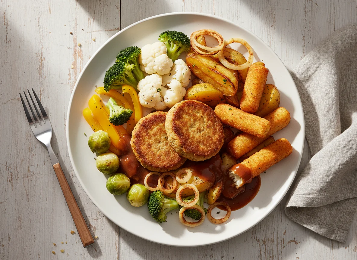 Veganes Medaillon mit Gemüse und Beilagen photo