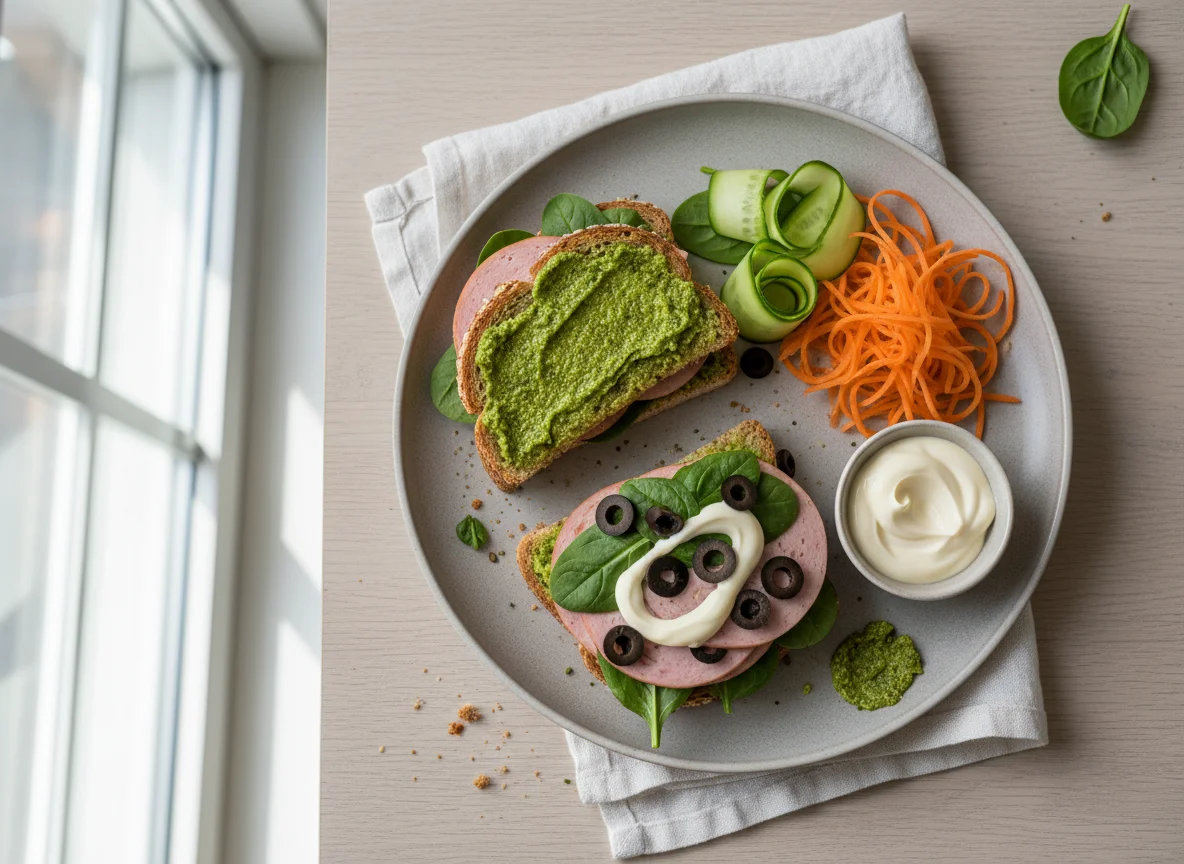 Veganes Sandwich mit Pesto und Beilagen photo