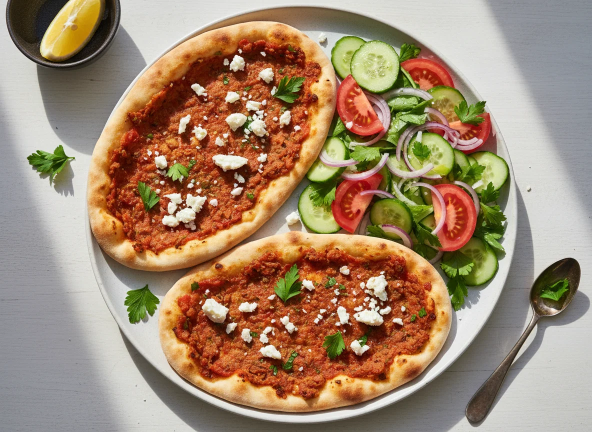 Vegetarische Lahmacun mit Salat und Feta photo