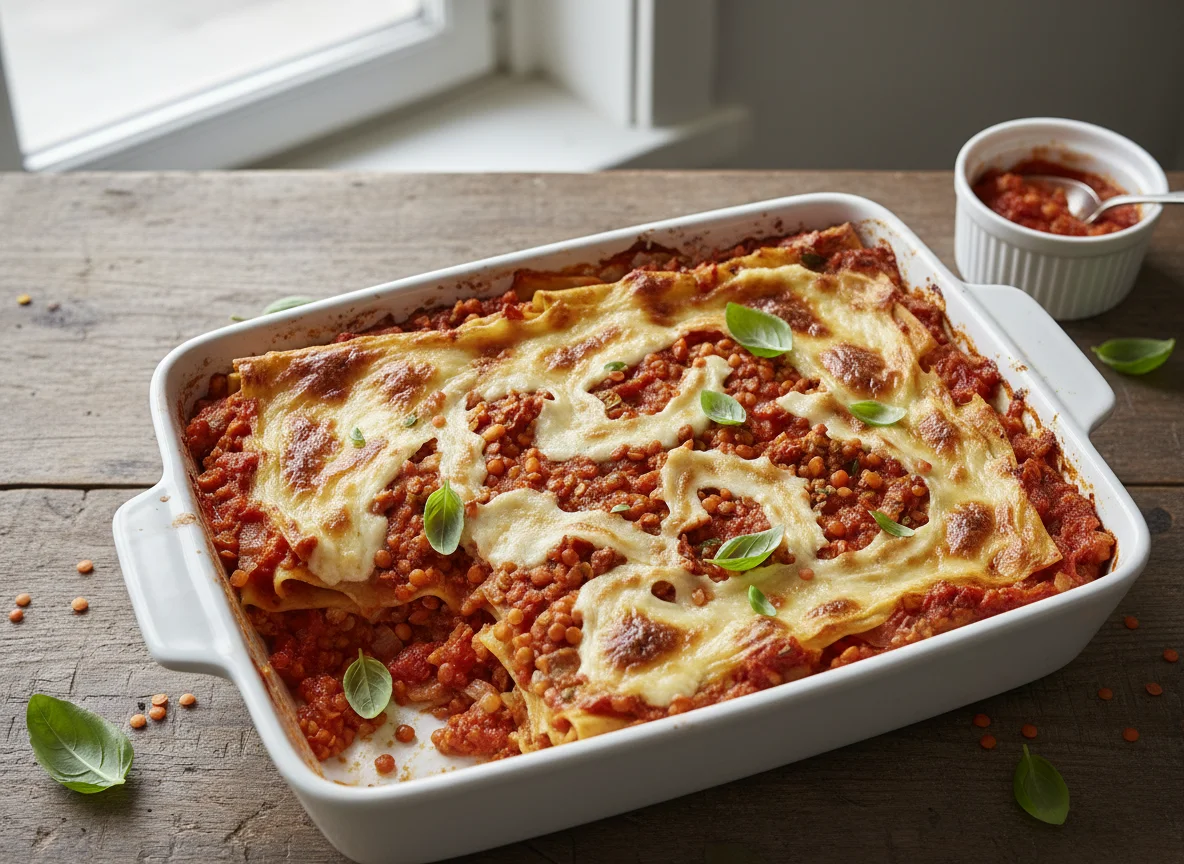 Vegetarische Lasagne mit roten Linsen und Sojamilch-Béchamel photo