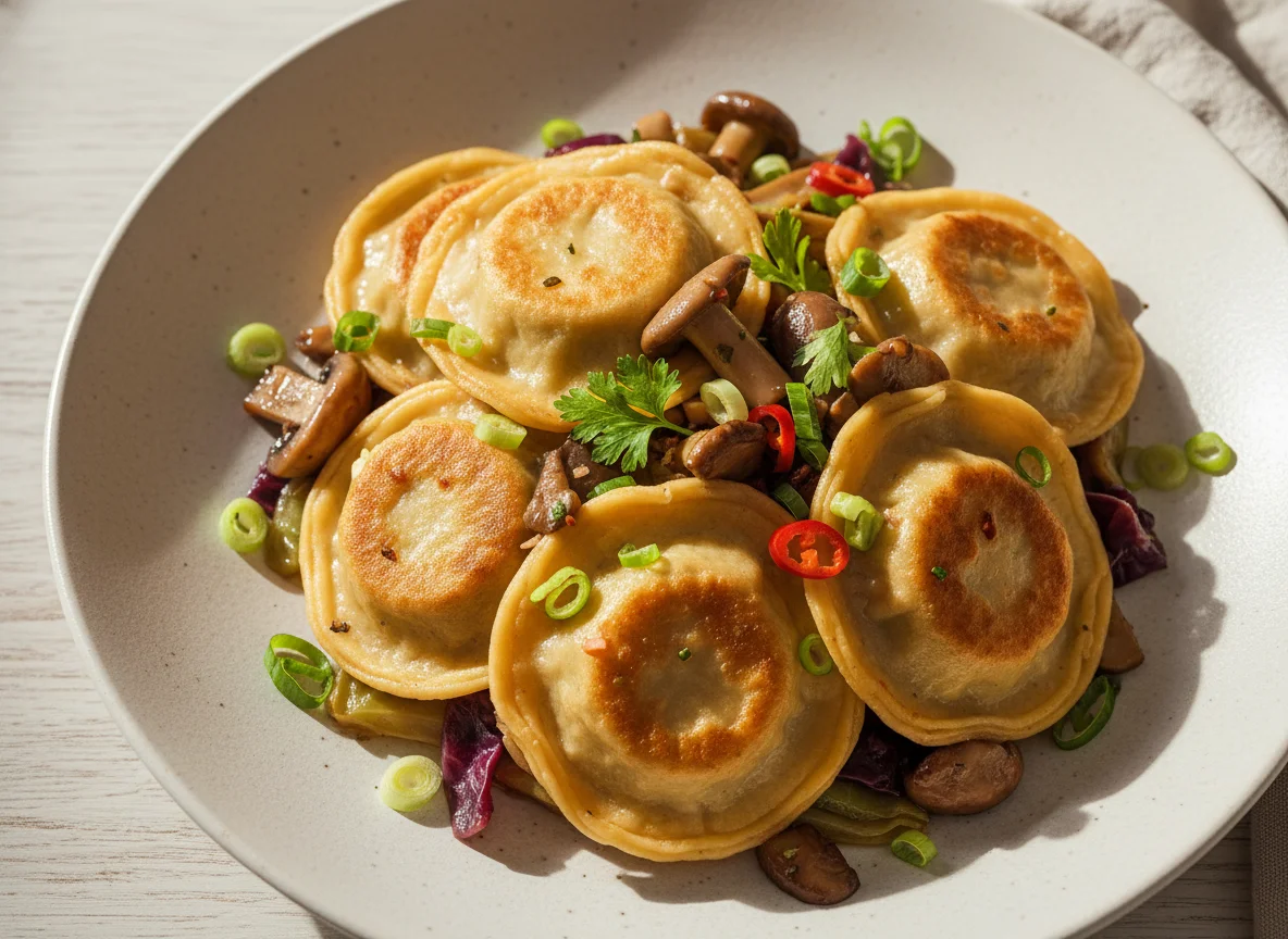 Vegetarische Maultaschen mit Pilzen und Kohl photo