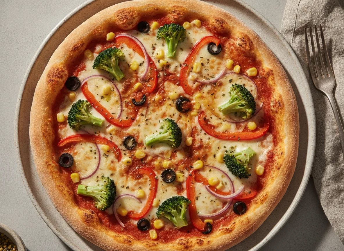 Vegetarische Pizza mit Brokkoli, Mais und Paprika photo