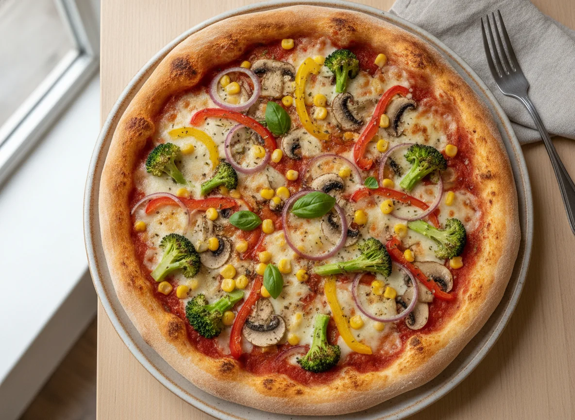 Vegetarische Pizza mit Brokkoli und Mais photo