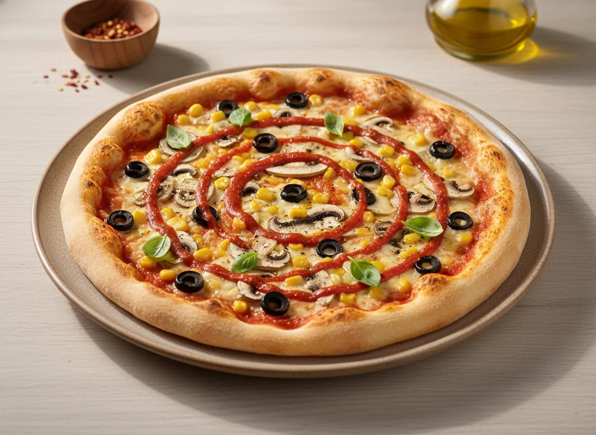 Vegetarische Pizza mit Mais und Oliven photo