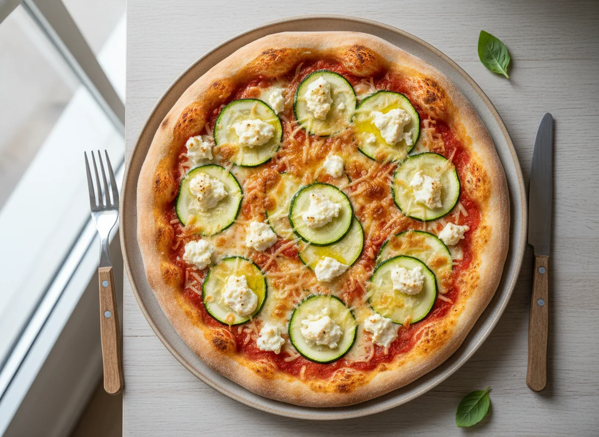 Vegetarische Pizza mit Zucchini und Feta photo