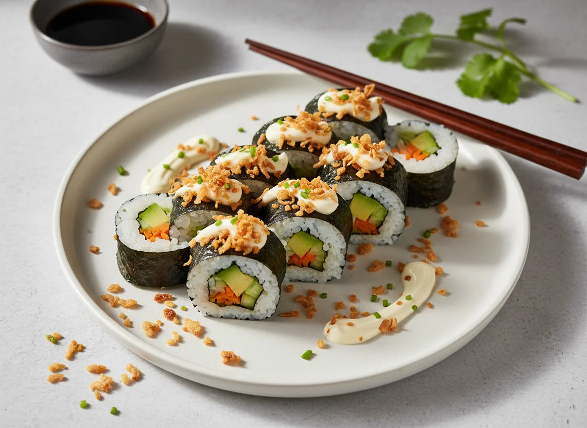Vegetarische Sushi-Rolle mit Röstzwiebeln photo
