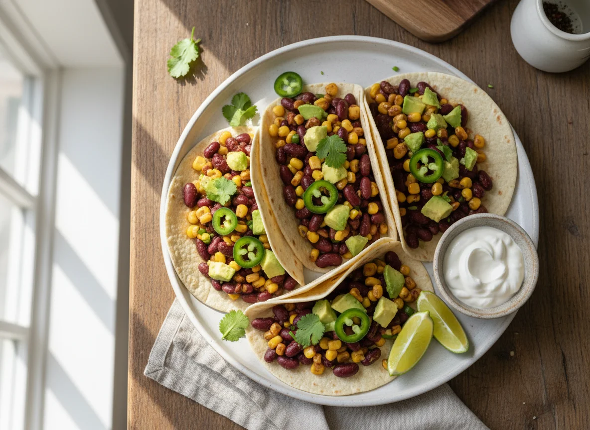 Vegetarische Tacos mit Bohnen-Mais-Füllung und Avocado photo