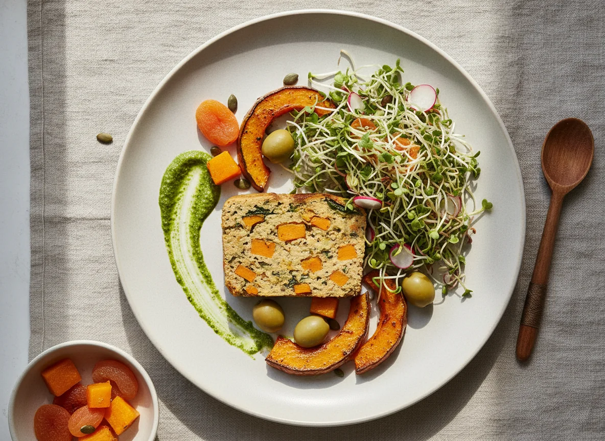 Vegetarische Vorspeise mit Pastete und Sprossensalat photo
