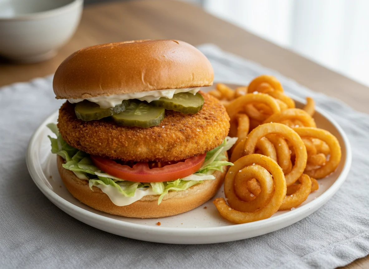 Vegetarischer Burger mit Curly Fries photo