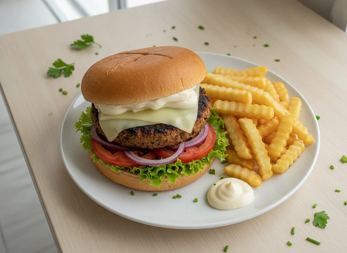 Vegetarischer Burger mit Pommes photo