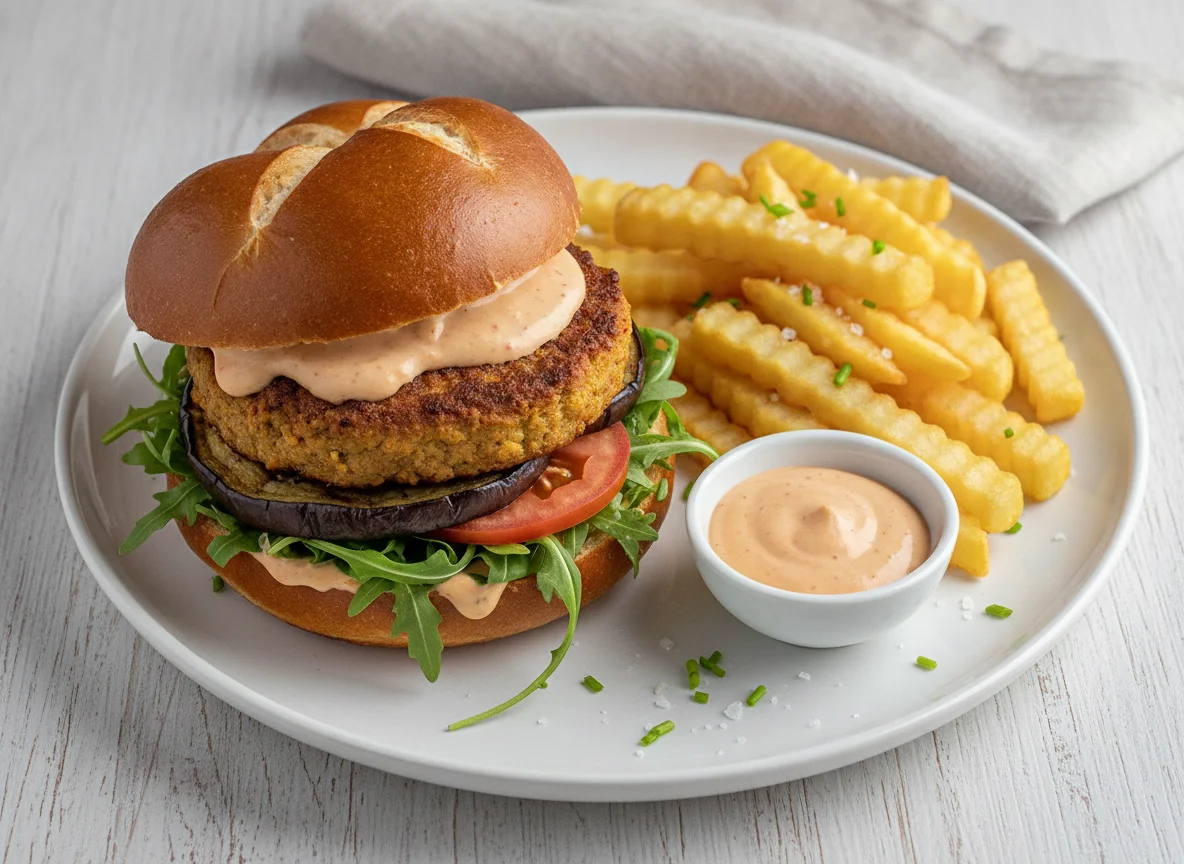 Vegetarischer Burger mit Pommes Frites photo