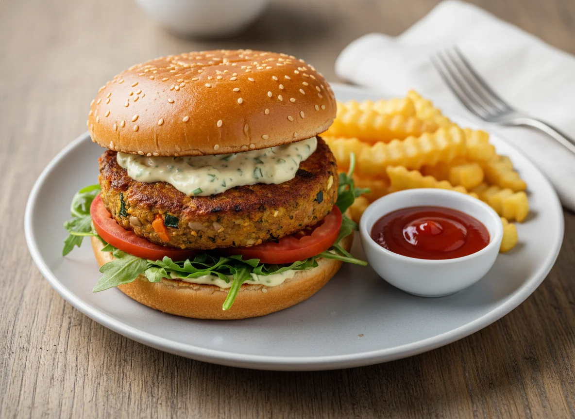 Vegetarischer Burger mit Pommes Frites und Ketchup photo