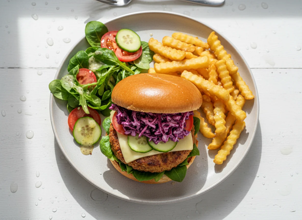 Vegetarischer Burger mit Pommes und Salat photo