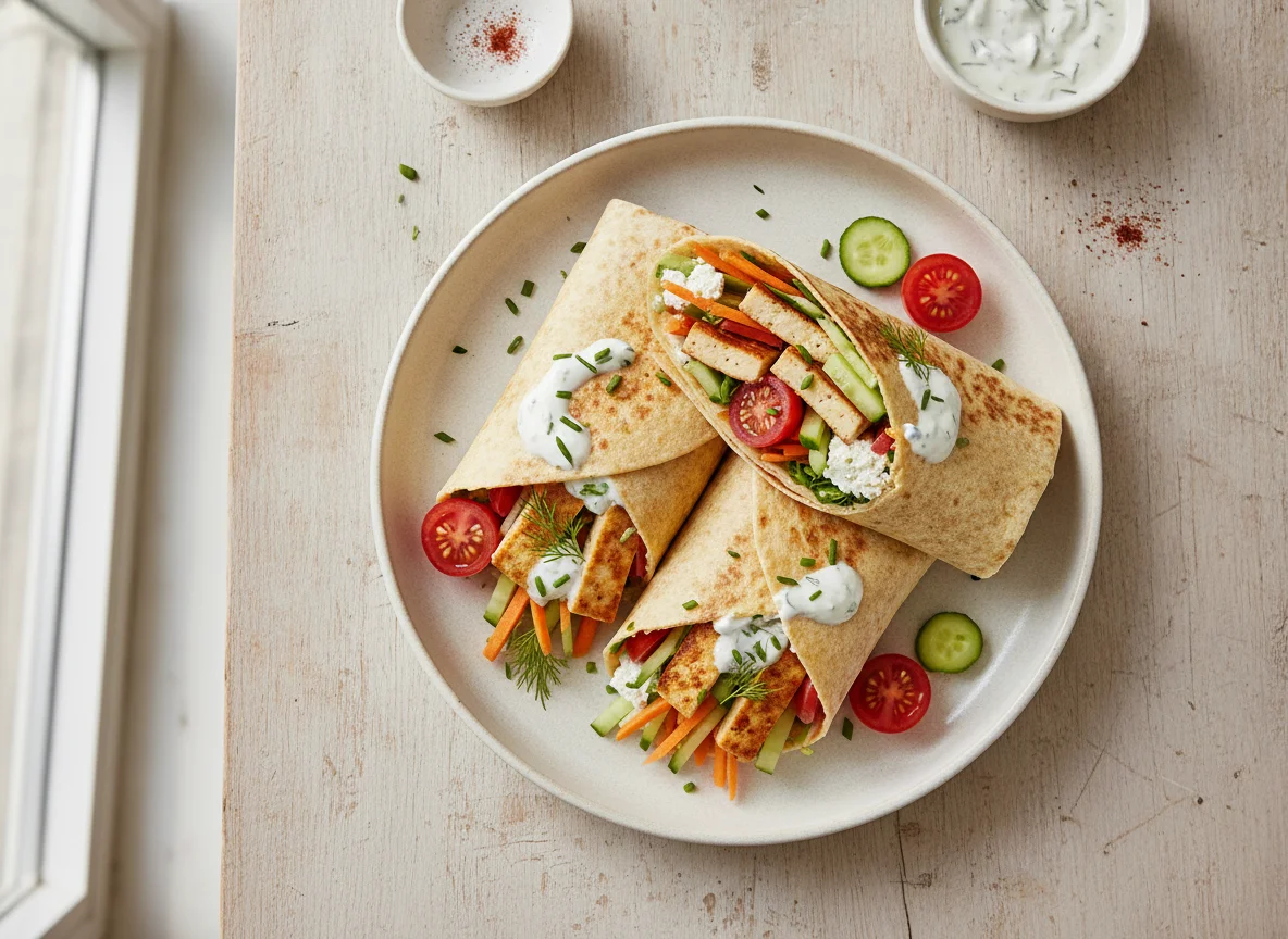 Vegetarischer Wrap mit Tofu und Gemüse photo