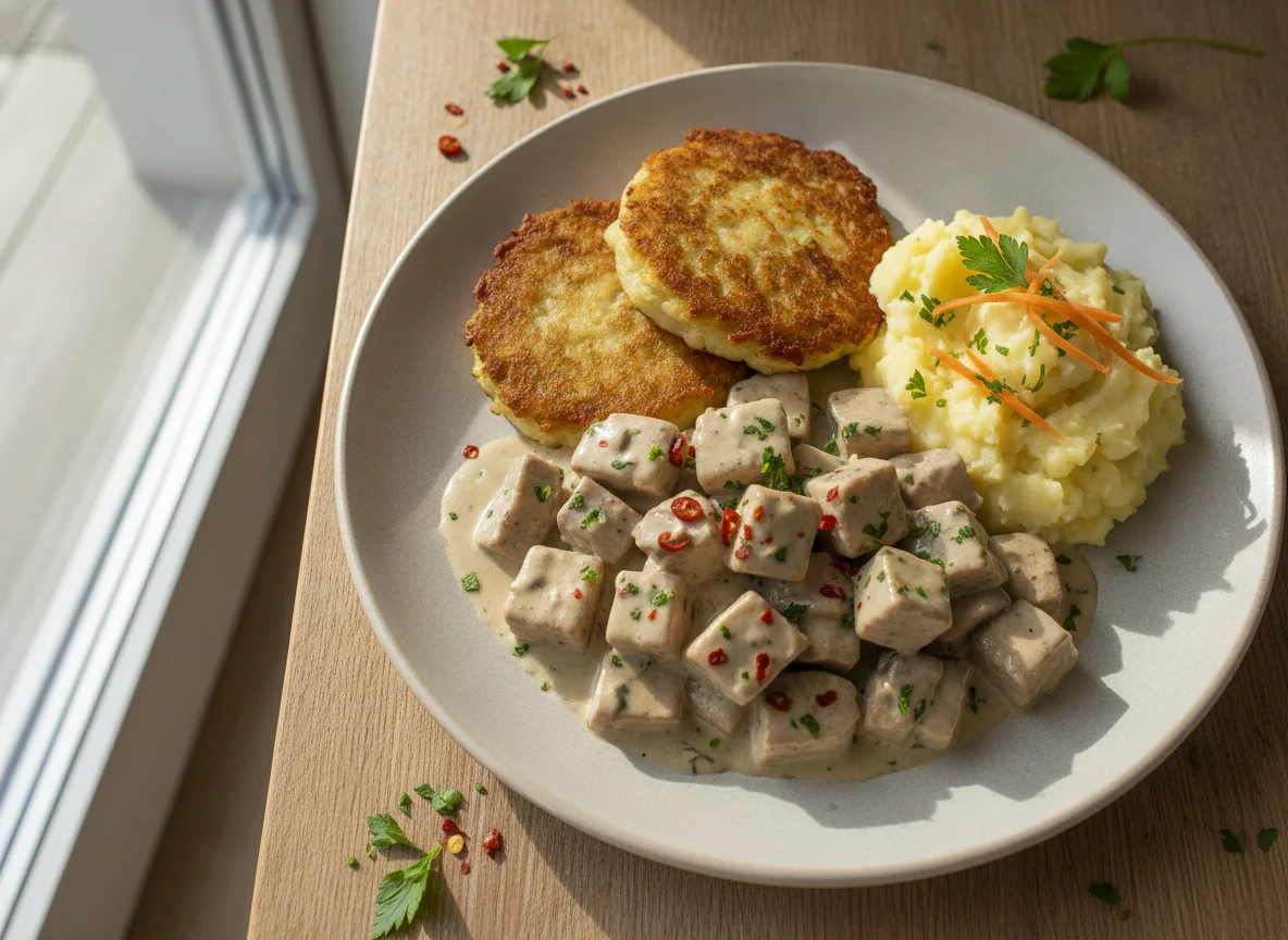 Vegetarisches Geschnetzeltes mit Kartoffelpuffer und Reibekuchen photo