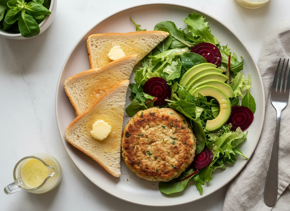 Vegetarisches Patty mit Salat und Toast photo