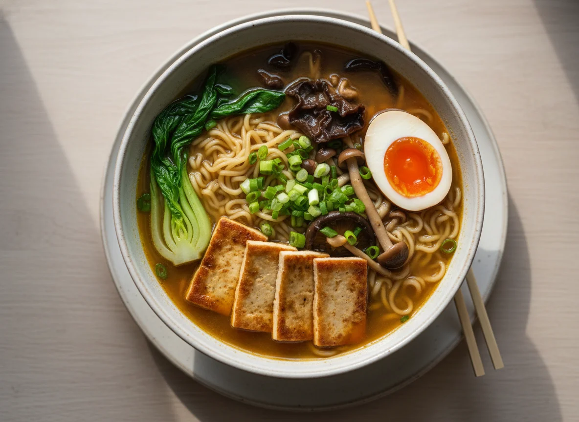Vegetarisches Ramen mit Tofu und Ei photo