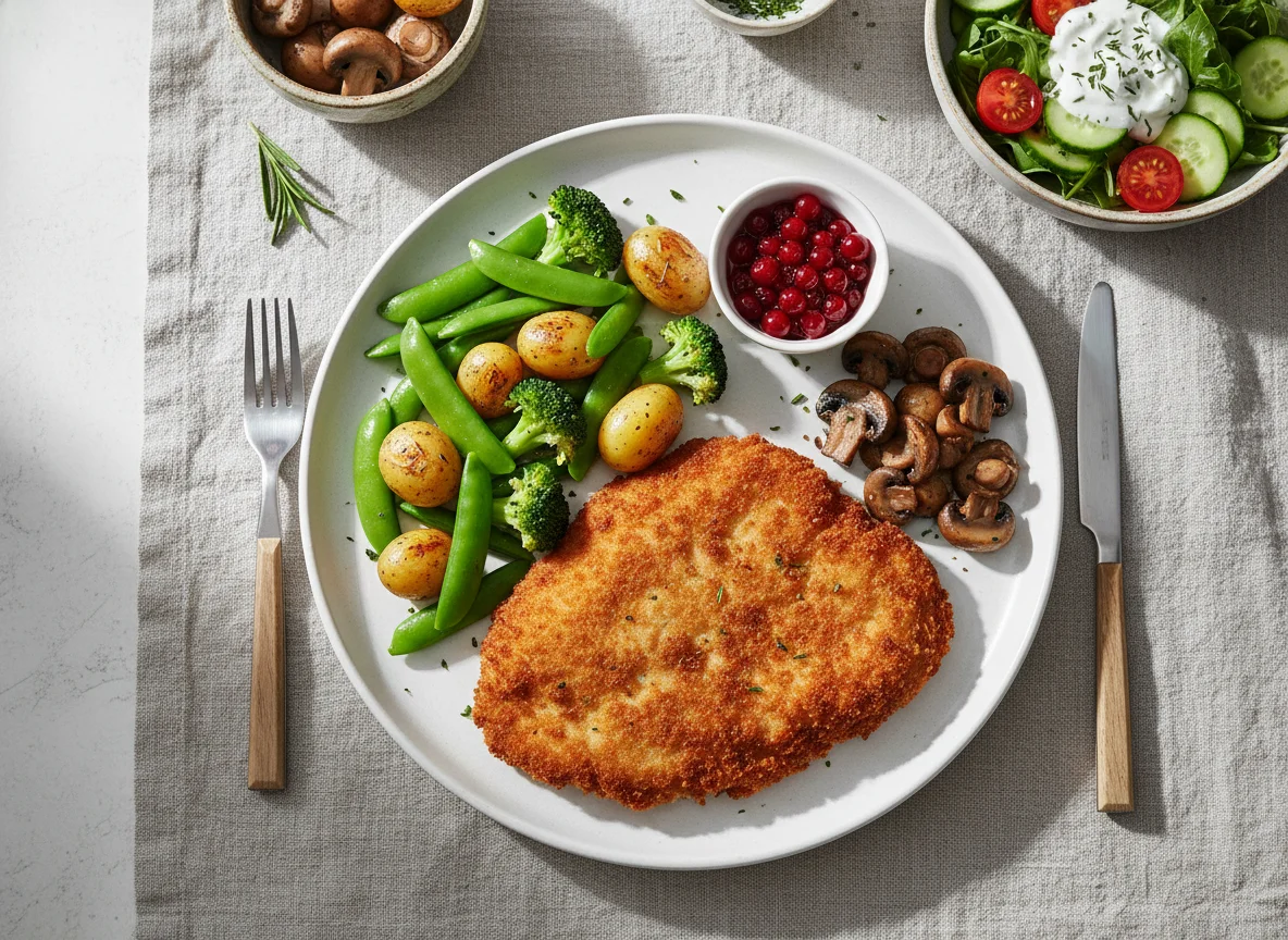 Vegetarisches Schnitzel mit Gemüse und Salat photo