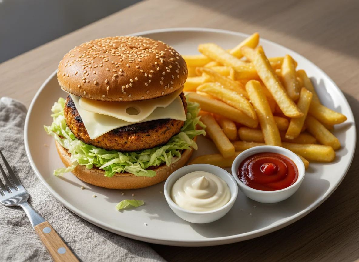Veggie Burger mit Pommes Frites und Saucen photo