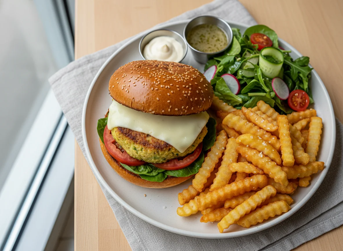 Veggie Burger mit Pommes und Salat photo