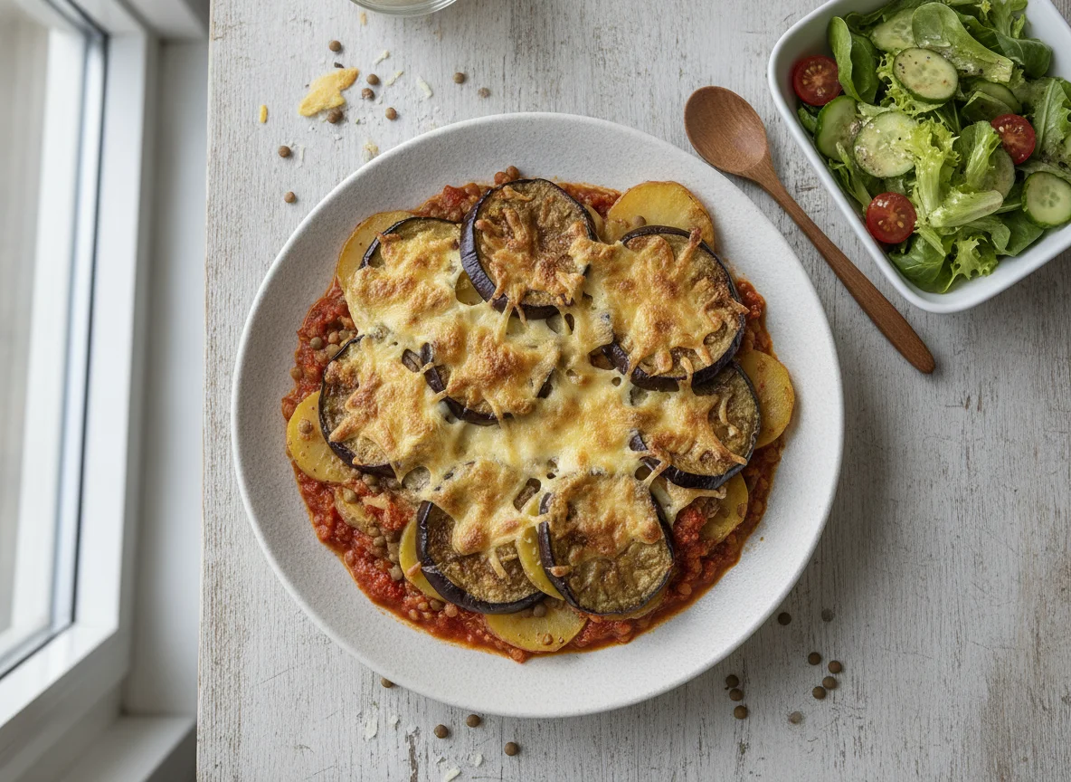 Veggie Moussaka mit Linsen & Aubergine dazu frischer Salat photo