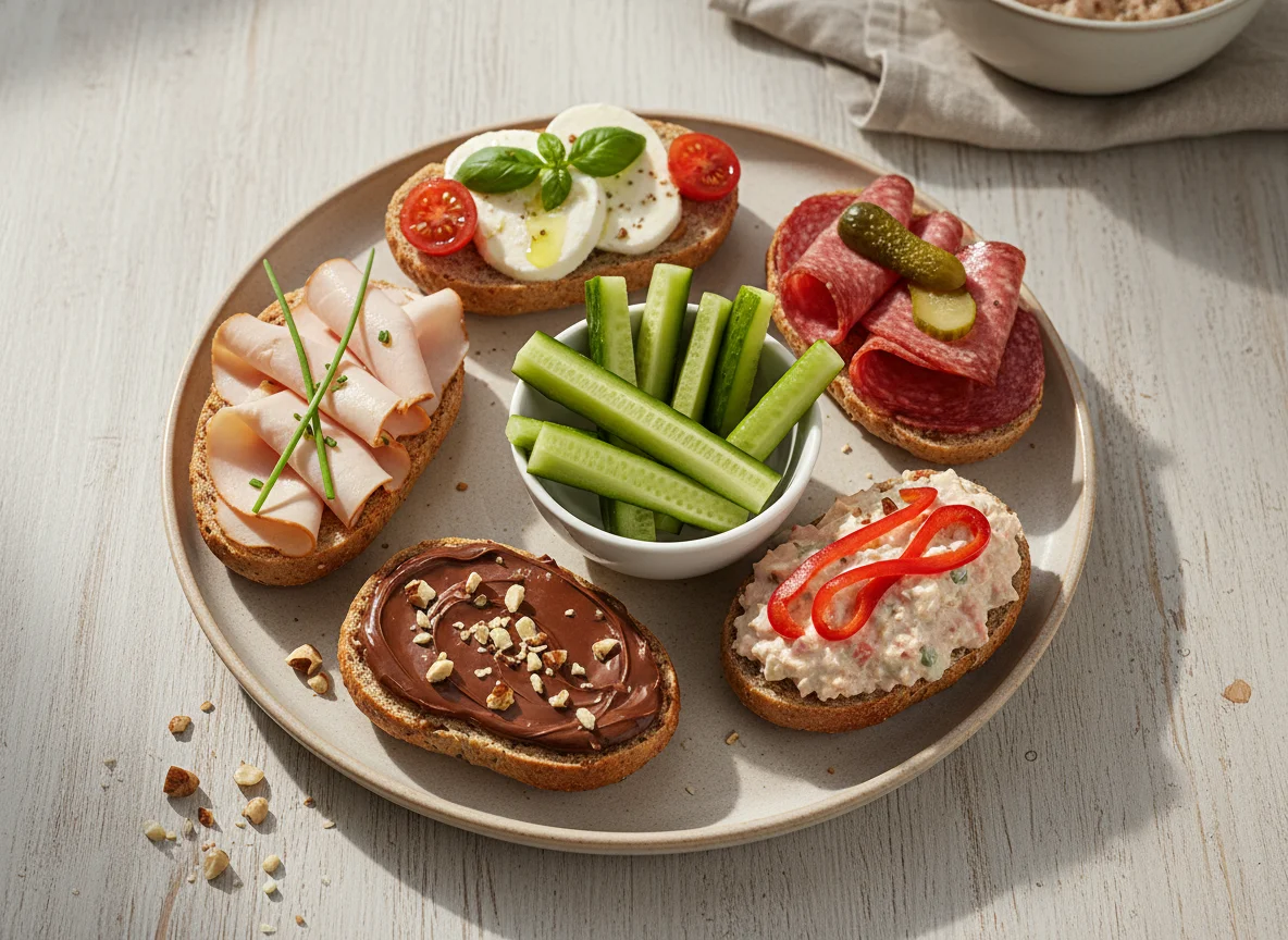 Verschiedene belegte Brötchen und Gurkensticks photo
