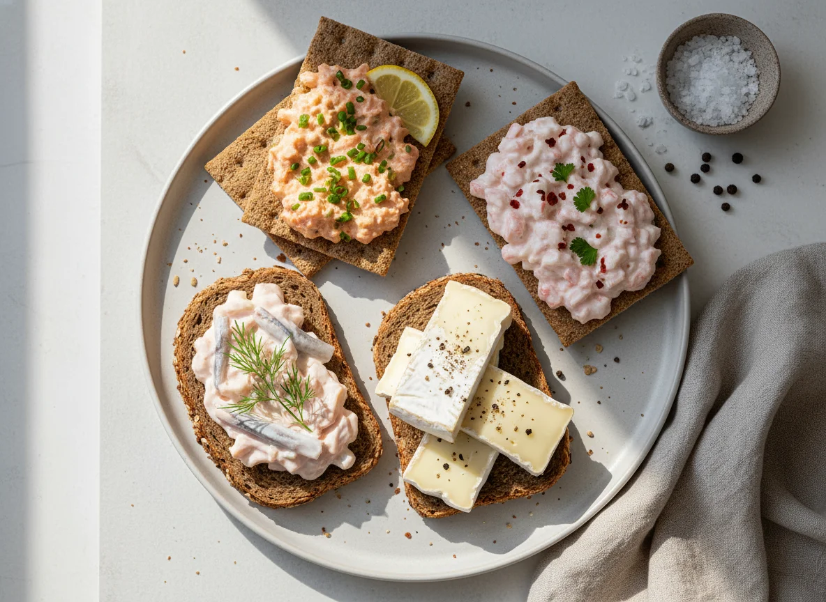 Verschiedene Brotaufstriche auf Knäckebrot und Vollkornbrot photo