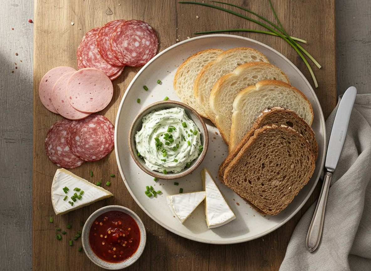 Verschiedene Brote mit Aufschnitt und Käse photo