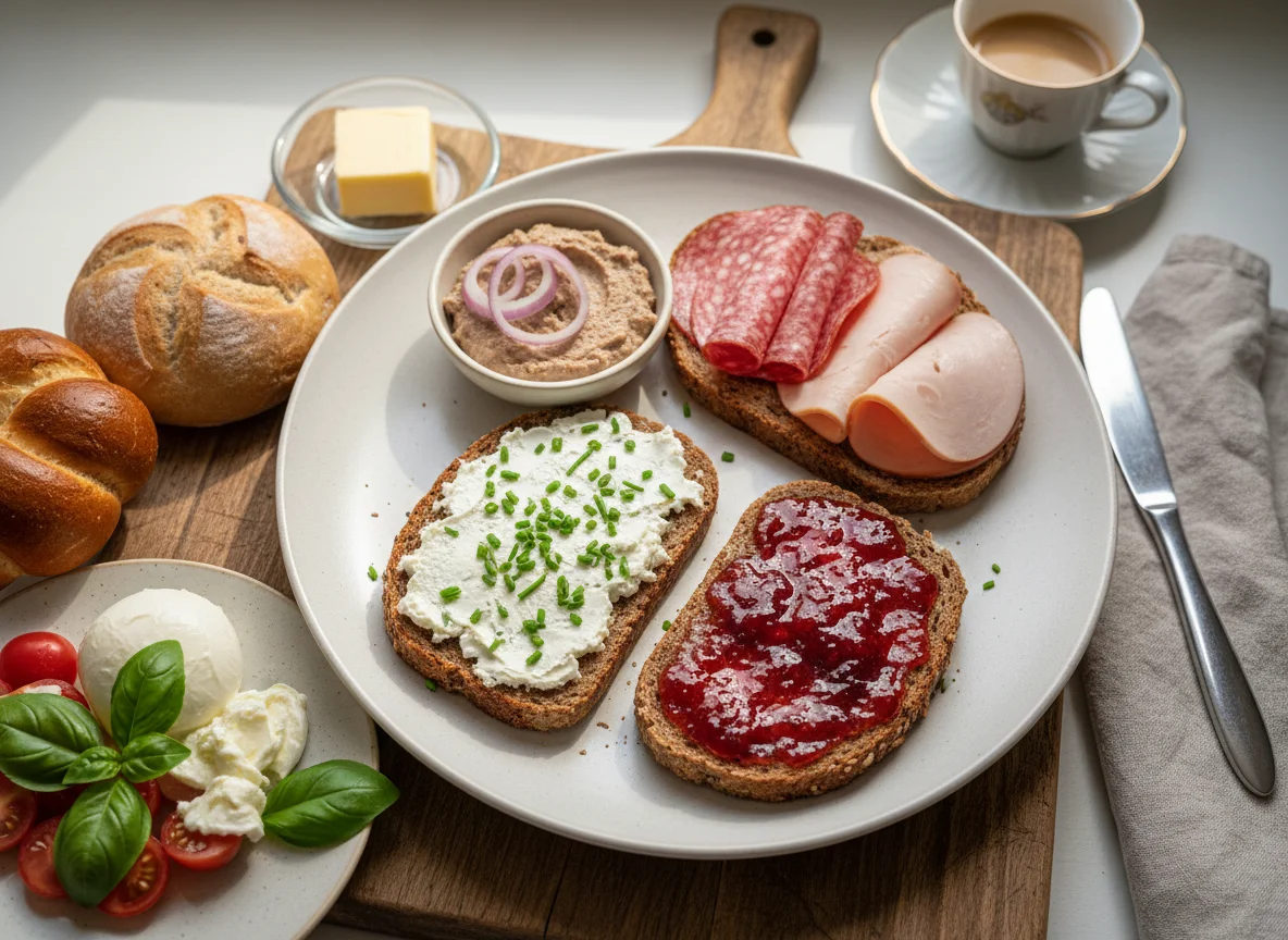 Verschiedene Brote mit Aufschnitt und Marmelade photo