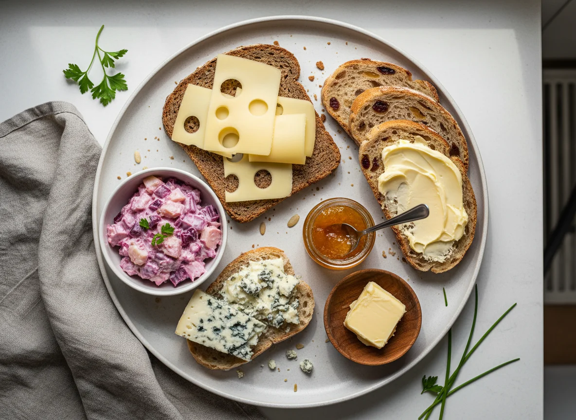 Verschiedene Brote mit Aufstrich und Käse photo